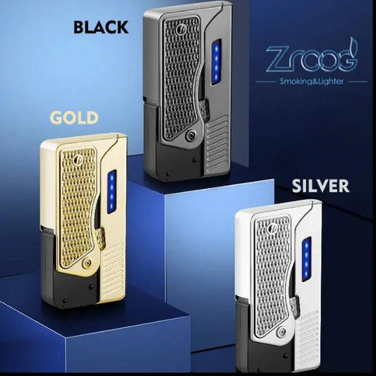 Windproof electric lighter by Certified Puffs featuring a gun-shaped design with a sleek, modern look for outdoor use.