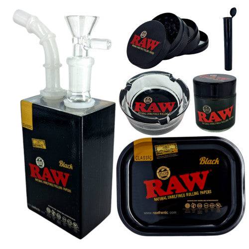 Black Raw 6-in-1 Juice Bong set by Certified Puffs featuring multiple accessories for versatile smoking experiences.