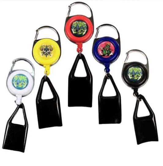 Certified Puffs retractable lighter leash with anti-loss holder, showing the compact, lightweight design and secure attachment clip.