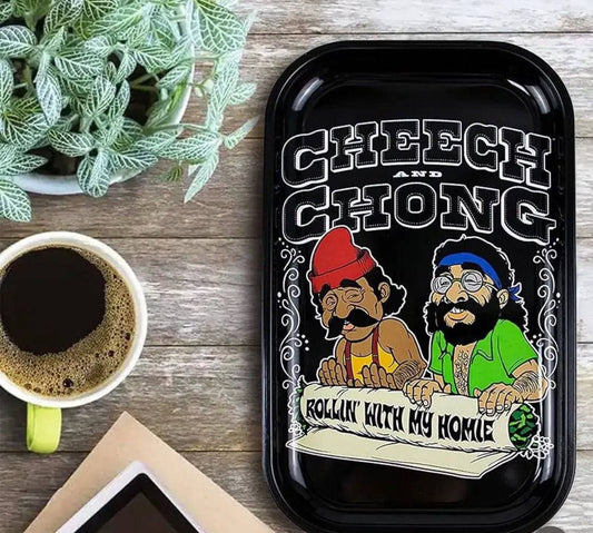 Large Cheech & Chong XL metal rolling tray by Certified Puffs, featuring colorful Kenya-themed design for smoking accessories.