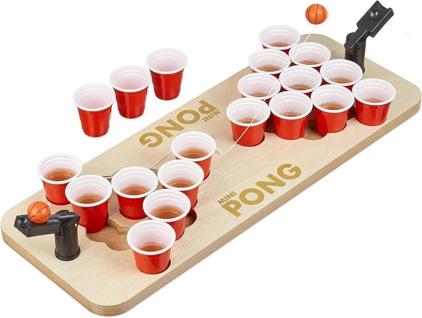 Mini Beer Pong game by Certified Puffs featuring wooden paddles, cups, and ping pong balls on a table for party fun.