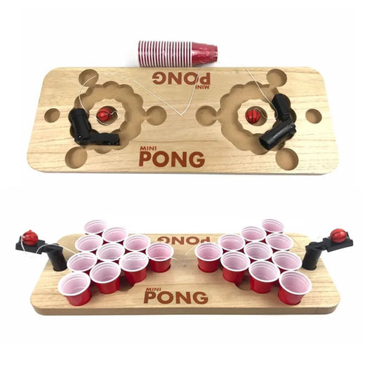 Mini Beer Pong game by Certified Puffs featuring wooden cups, ping pong balls, and a compact playing setup for party fun.