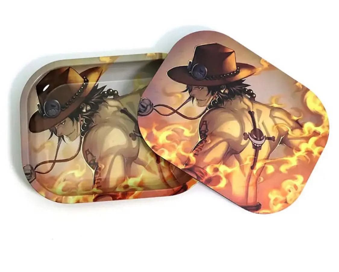 Medium Portgas D. Ace themed rolling tray with magnetic lid from Certified Puffs, featuring detailed artwork and storage surface.
