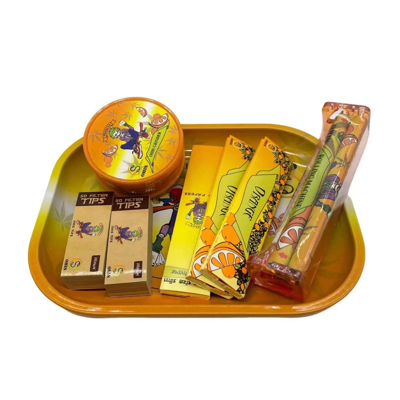Certified Puffs flavored essential smoking set with assorted smoking accessories and flavor bottles on a neutral background.