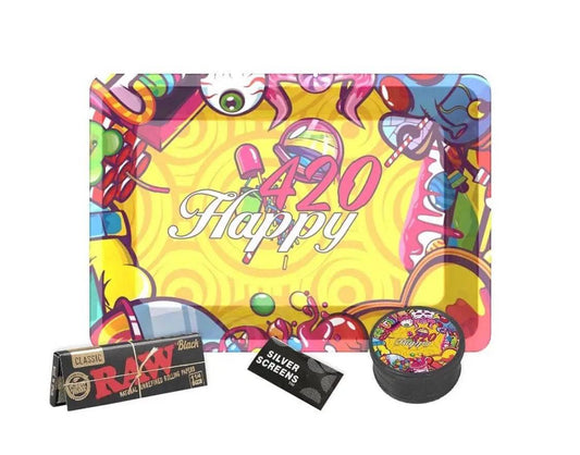 Complete rolling accessories gift set by Certified Puffs including tray, grinder, rolling papers, and pipe for smoking enjoyment.
