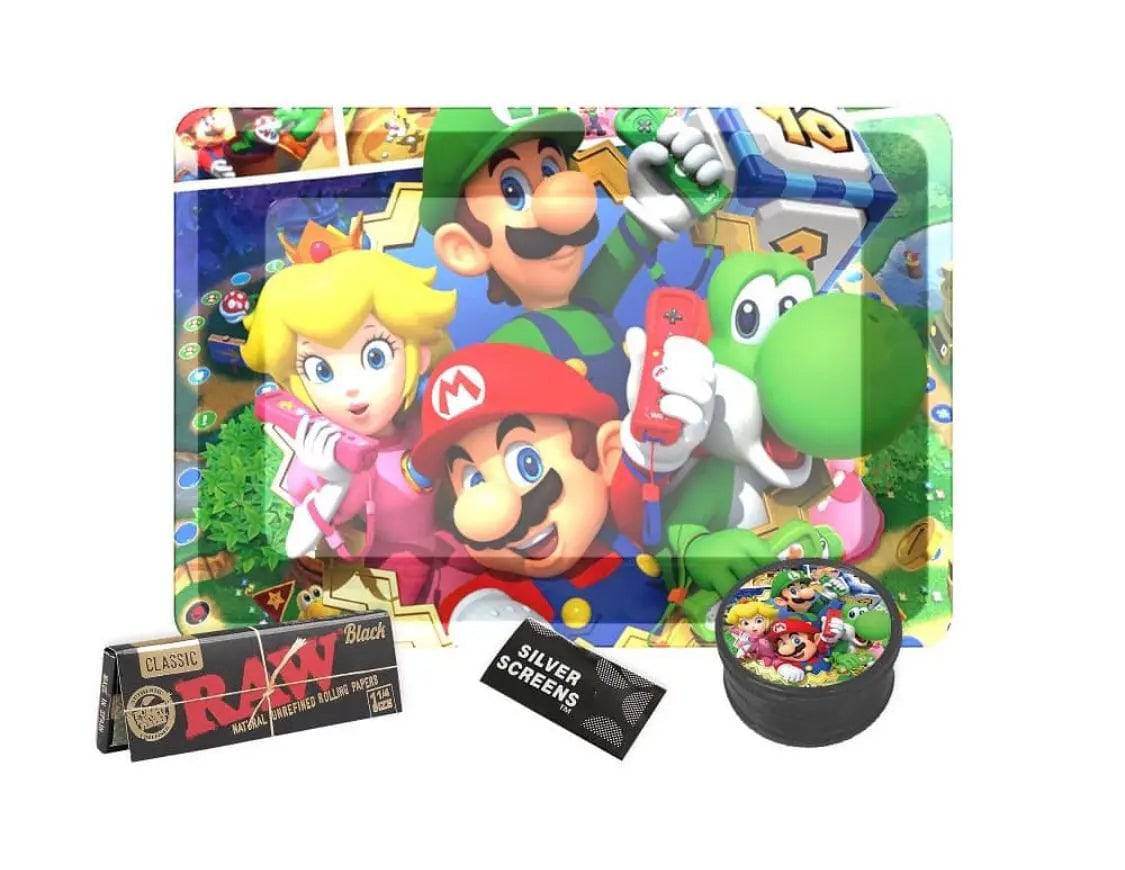 Certified Puffs rolling accessories gift set with tray, grinder, papers, and pipe arranged for display.
