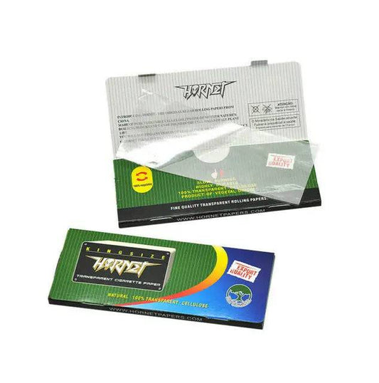 Certified Puffs Hornet transparent cellulose king size rolling papers box, clear packaging with visible papers inside.
