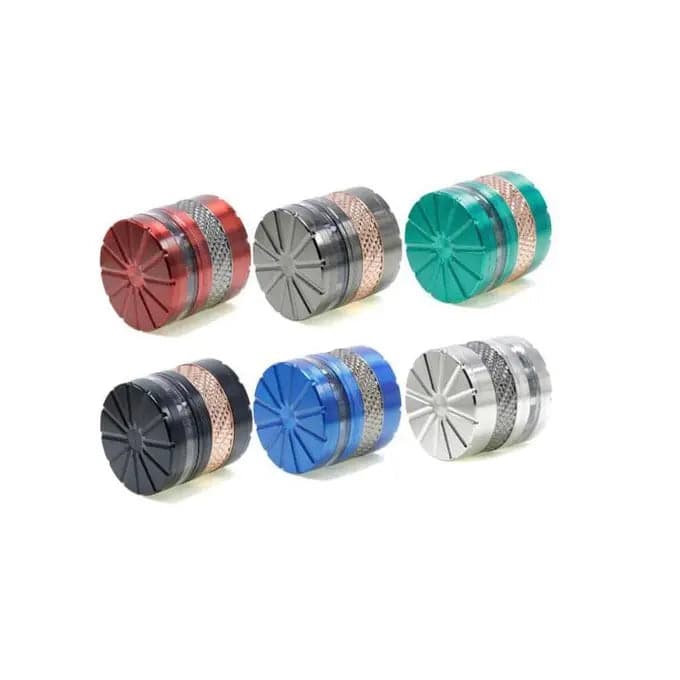 Shiny woven pattern metal herb grinder, 63mm size, from Certified Puffs, featuring a premium design for grinding herbs.