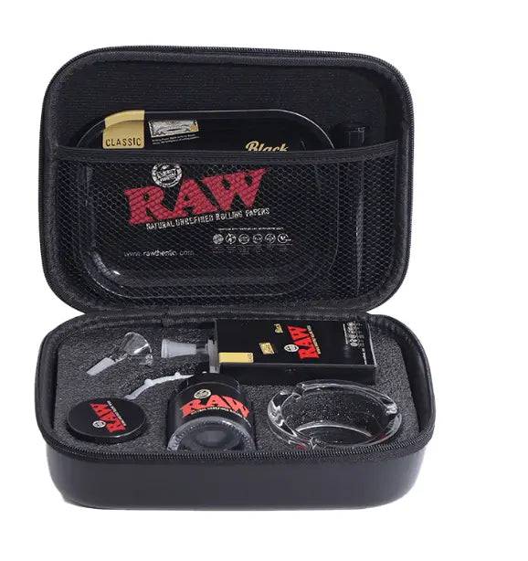 Black Raw 6-in-1 juice bong gift set by Certified Puffs, featuring multiple accessories for versatile use.
