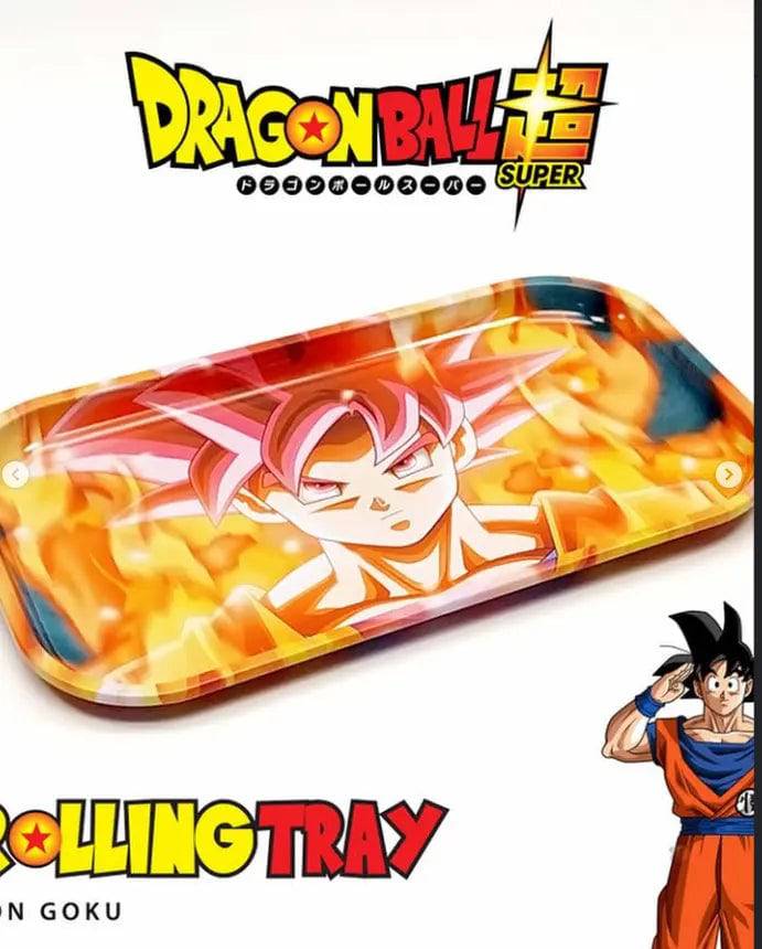 Large Dragon Ball Z XL rolling tray featuring Super Saiyan Goku and Vegeta design by Certified Puffs, with vibrant anime artwork.