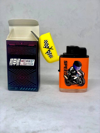 Certified Puffs Zengaz Refillable Butane Lighter with ergonomic grip and adjustable flame, shown with open lid and ignited flame.
