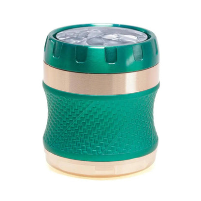 Large 63mm premium 4-piece metal herb grinder by Certified Puffs, featuring multiple compartments for grinding and storage.
