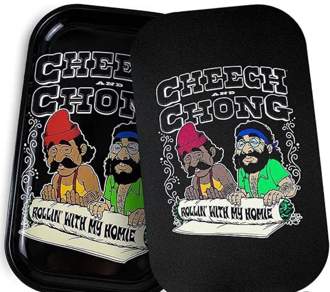 Large metal Cheech & Chong Rolling Tray by Certified Puffs, featuring colorful Kenya design on a premium smoking accessory.