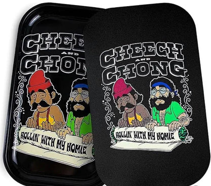 Large metal Cheech & Chong Rolling Tray by Certified Puffs, featuring colorful Kenya design on a premium smoking accessory.