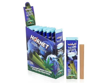 Certified Puffs hemp wraps box containing 15 double envelopes of Hornet hemp wraps on a white background.