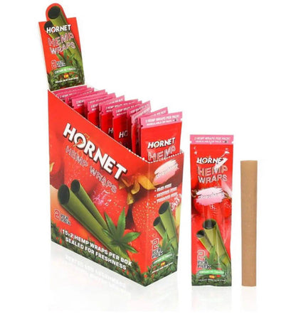 Certified Puffs Hemp Wraps box with 15 double envelopes featuring Hornet design, displayed open showing the packaging.