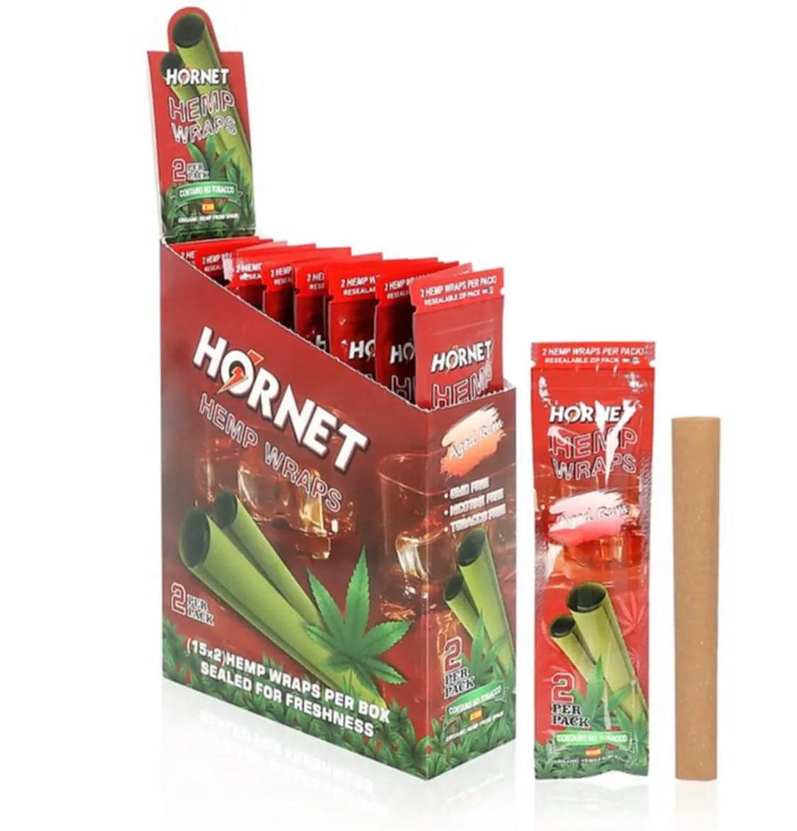 Certified Puffs Hemp Wraps Box with 15 double envelopes featuring Hornet design, suitable for rolling and smoking.