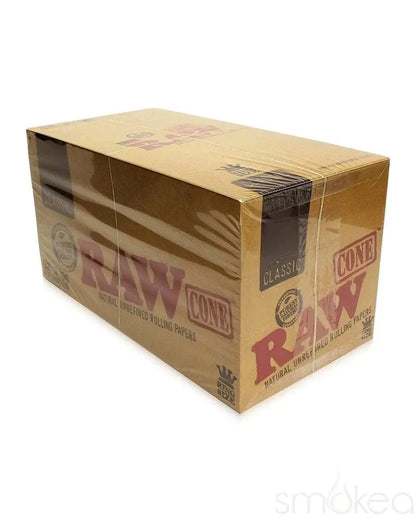 Certified Puffs Raw King Size Pre-Rolled Cones box featuring three hemp rolling paper cones ready to fill.